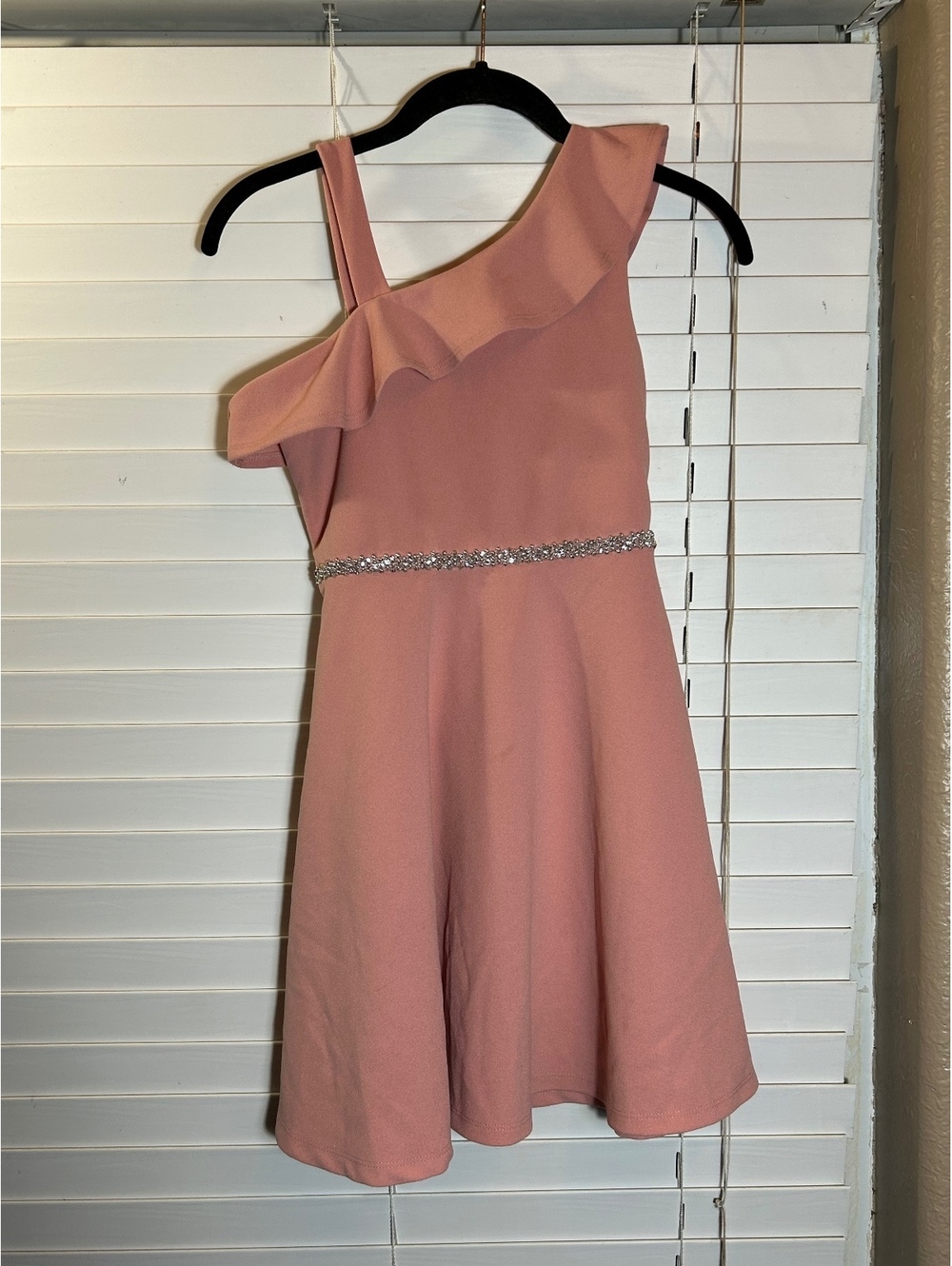 Speechless Pink One-Shoulder Ruffle Dress with Rhinestone Waist Accent Size 10